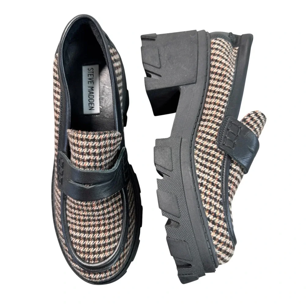 Steve Madden Beth Houndstooth Platform Lug Sole Penny Loafers Brown Black Siz 9